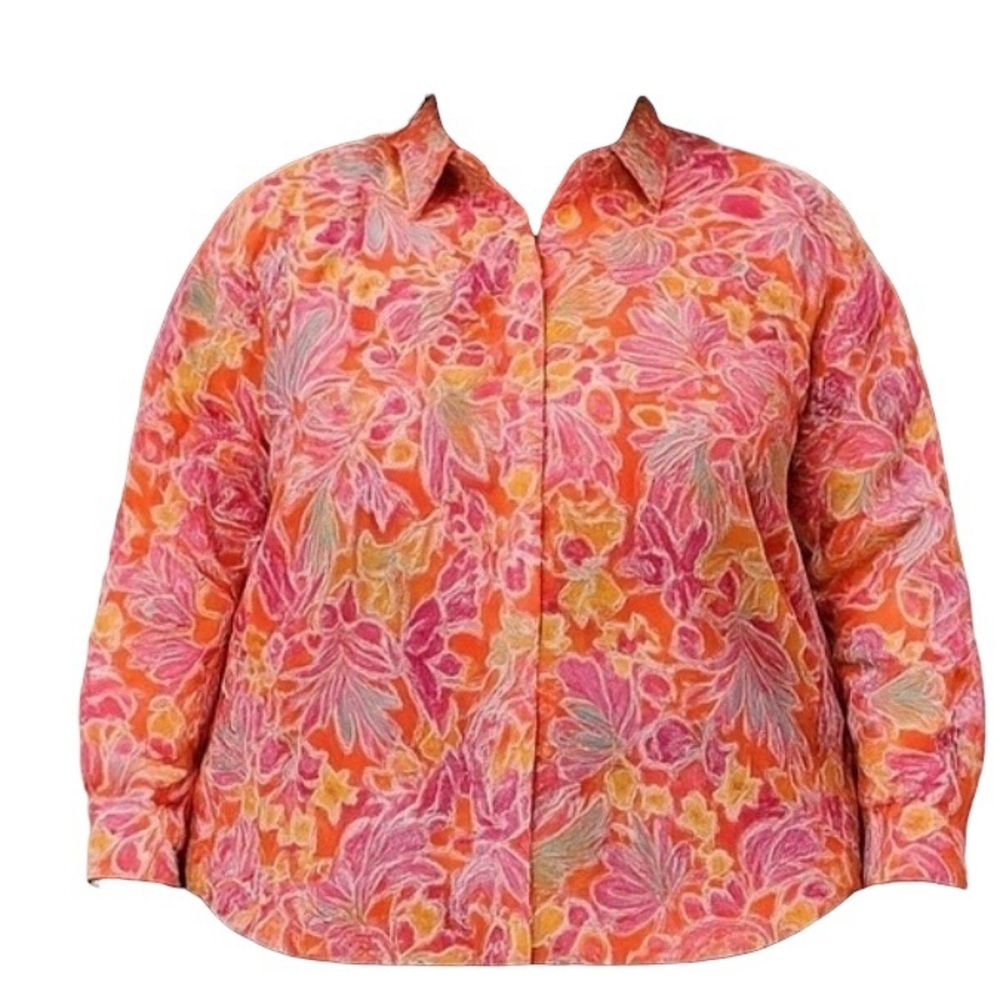 Chaps Floral Button Front Blouse Womens Plus Pink Orange Long Sleeve Shirt Top